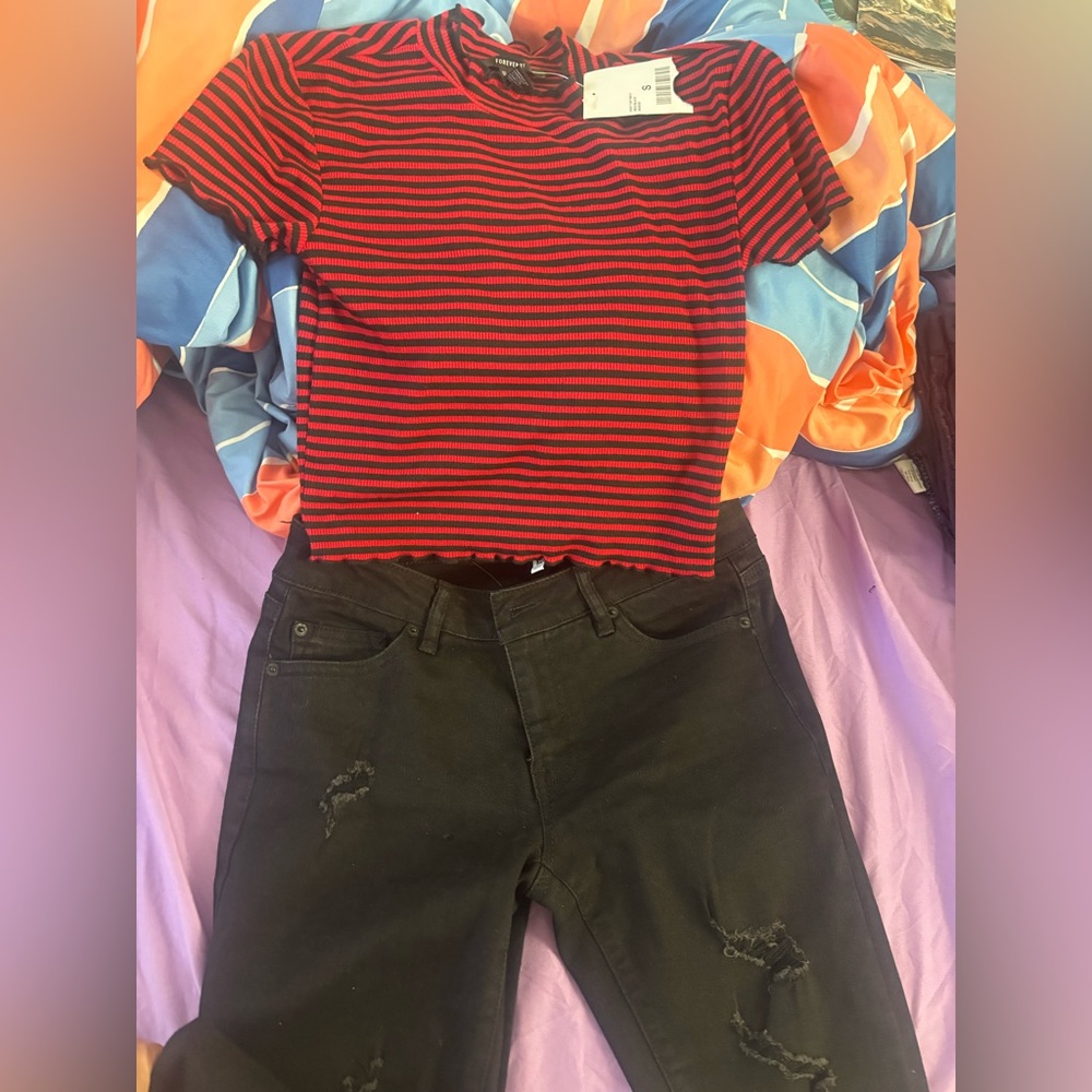 Red and Black Striped Crop Top with Black Distressed Jeans Both new